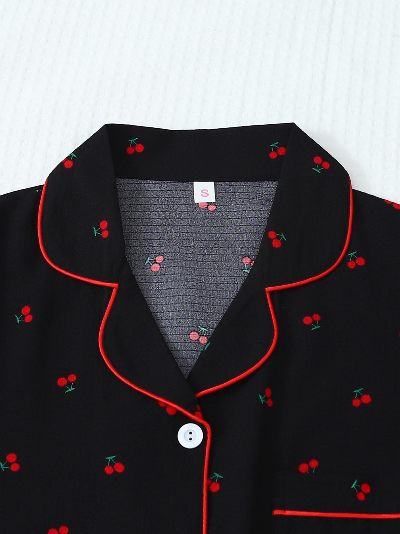 Women's Short Sleeve Button Down Top and Shorts Pajama Set, Spring Summer Wear, For French Lazy Style Girls, Black Base Red Cherry Print, Classic Lapel Collar, Loose Fit, Comfortable For Home & Short Trips