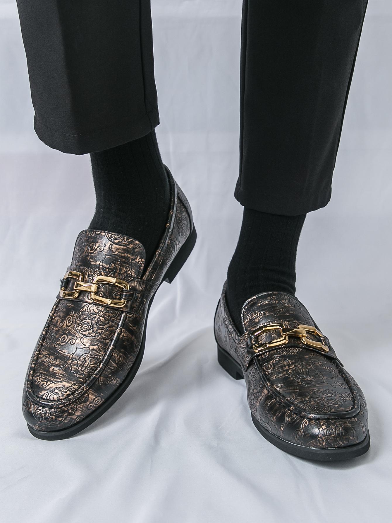 Multi-Occasion Black Gold Embossed Skull Rose Metal Buckle Men PU Leather Footwear Slip On Flat Heel Loafers, Anti-Slip Low Flat Shoes For Performance Commute Dating Party
