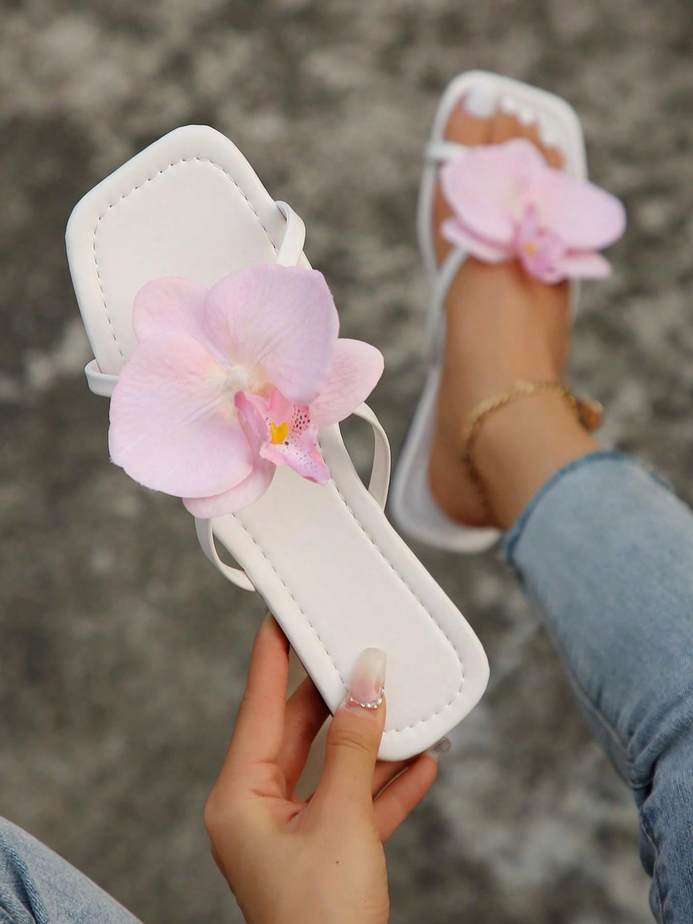 French Flat Flower Elegant Floral Design Sandals for Women, Summer Fashionable Square Toe PVC Shoes, Perfect for Parties, Beach, and Daily Wear, Flat Sole Sandals