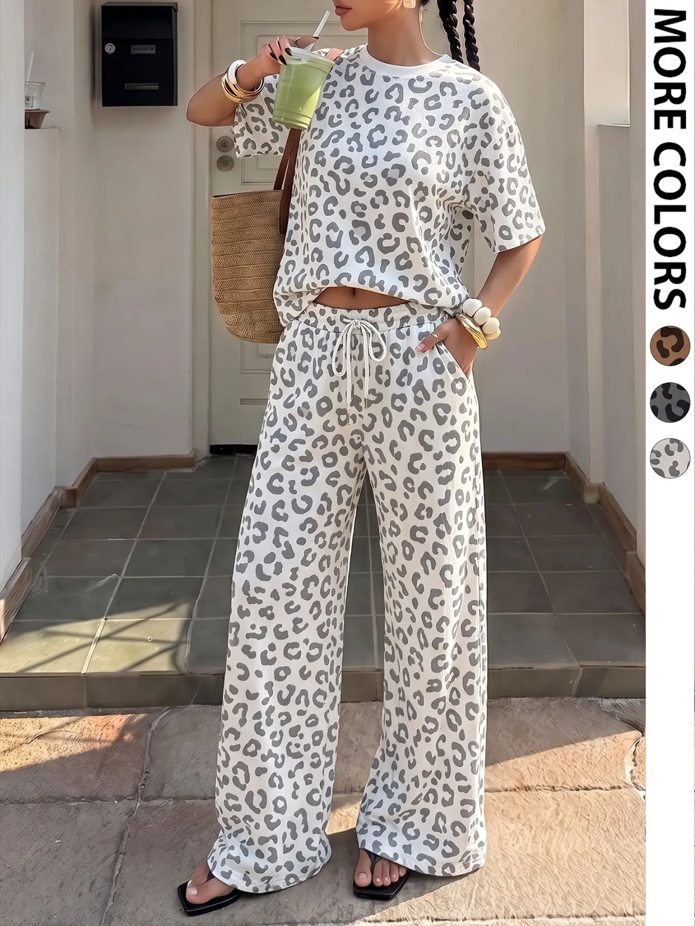 Women Grey Leopard Print 2 Piece Lounge Set, Crew Neck Short Sleeve Loose Top & Elastic Drawstring Wide Leg Pants, Soft Casual Loungewear Outfit, Trendy Y2K Daily Matching Tracksuit for Home Wear, Street Casual Stroll Vacation Relaxed  Clothes Women