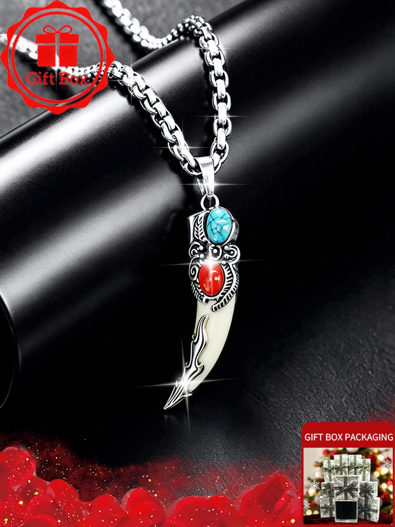 Vintage Viking Wolf Tooth Shaped Pendant Necklace, Durable 304 Stainless Steel Link Chain, Ethnic Tribal Indian Faux Turquoise Coral Stone Necklaces for Men, Cool Boy Punk Rock Biker Jewelry Accessories, Birthday Christmas Gift Present.