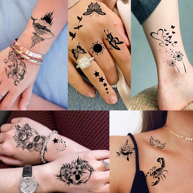 52 Sheets Creative  Black Temporary Tattoos - Assorted Designs of Crowns, Infinity, Triangles, Stars, Letters, Scorpions for Men & Women - Realistic Waterproof Adult Tattoo Stickers for Arm, Hand, Finger, Neck