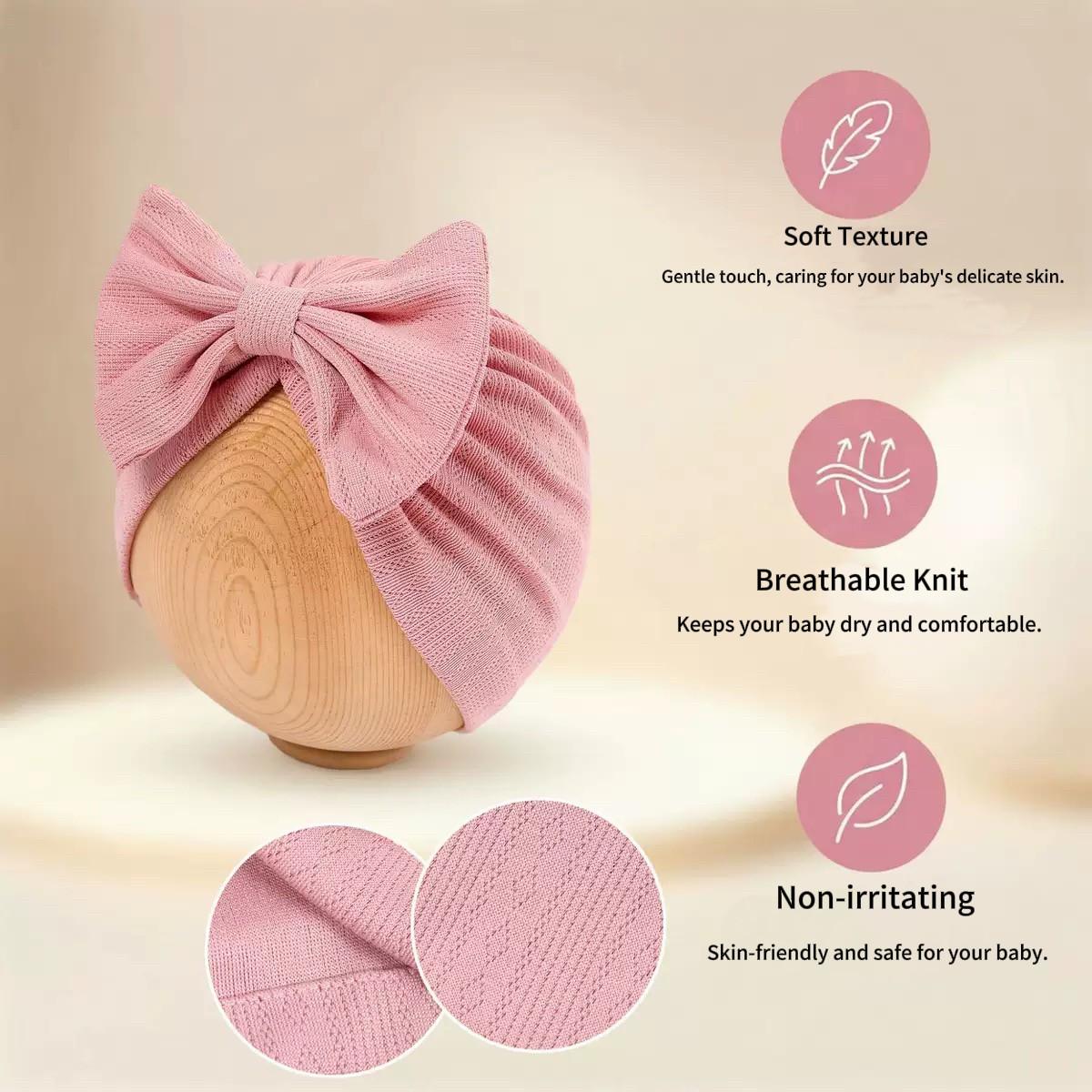 Spring Autumn Embroidered Headband Cap with Bow Decor, Suitable for 1-12 Months Baby Girls Boys, Knitted Hand Sewn Elastic Fabric