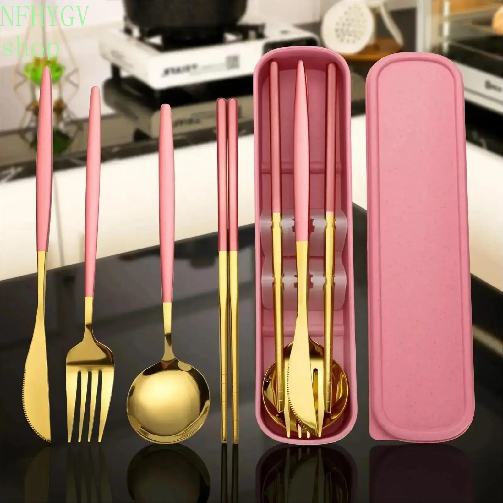 4‑Piece Gold Cutlery Set, Stainless Steel Reusable Portable Tableware With Pink Storage Case, Fork, Knife, Spoon And Chopsticks, Practical Utensils for Travel, Back To School And Daily Dining