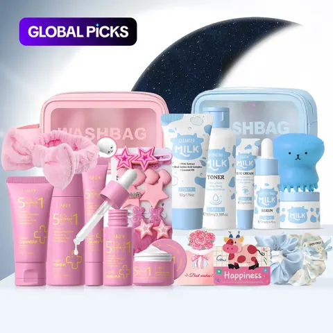 Laikou Daily & Night Skincare Set, Including Cleanser & Toner & Serum & Eye Cream & Essence Cream, Hairpin Suit, Bandeau, Hair Band, Octopus Brush, Makeup Bag, Card, Beauty & Personal Care Product for Women & Men #GLOBAL PICKS
