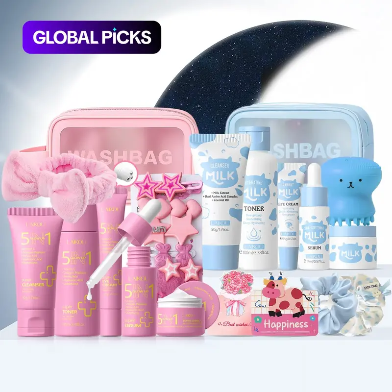 Laikou Daily & Night Skincare Set, Including Cleanser & Toner & Serum & Eye Cream & Essence Cream, Hairpin Suit, Bandeau, Hair Band, Octopus Brush, Makeup Bag, Card, Beauty & Personal Care Product for Women & Men #GLOBAL PICKS