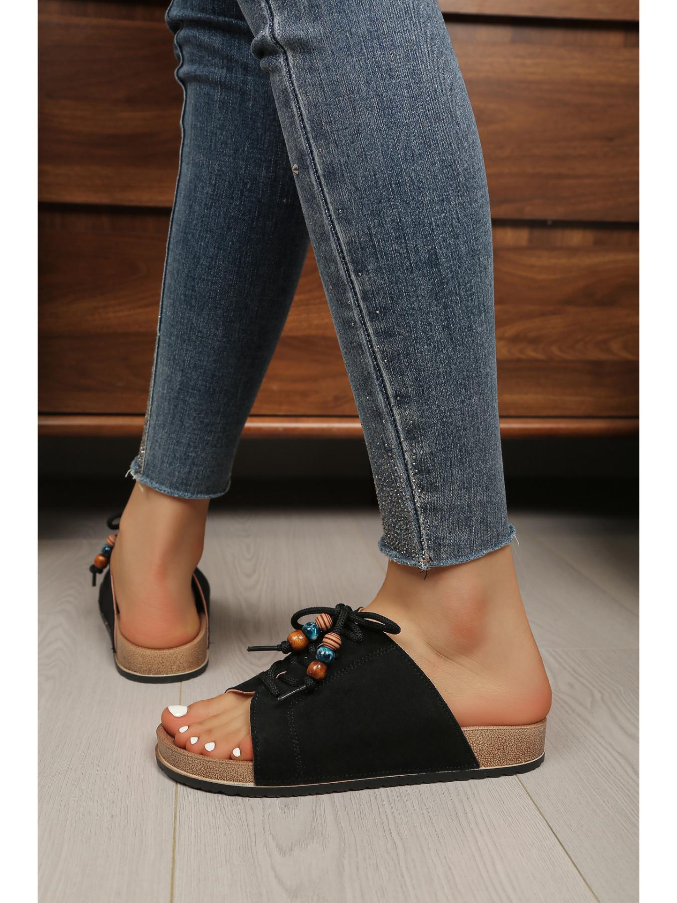 Women's Multi-Color Suede Cork Footbed Slides, Beaded Lace-Up Open Toe Mule Sandals, 2 Colors Available