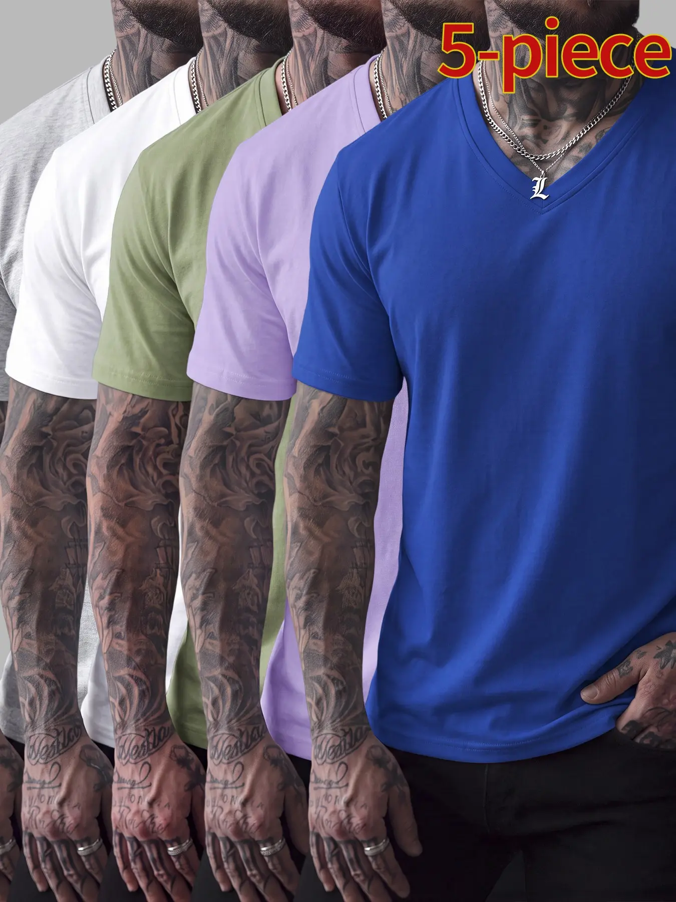 Navy blue + light purple + green + white + gray