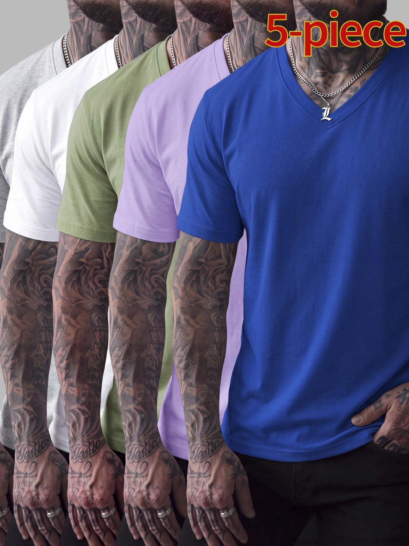 5-Pack Men's Slim Fit Cotton V-Neck T-Shirts, Casual Classic Short Sleeve Basic Daily Wear, Comfortable Solid Color Tees, Essential Clothing