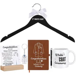 Gerrii 6 Pcs White Coat Ceremony Gifts for Men Women Include First White Coat Hanger Keychain Pen Notebook Ceramic Mug and Wooden Base for Veterinary Pt Nurse Podiatrist Medical Graduation Gift