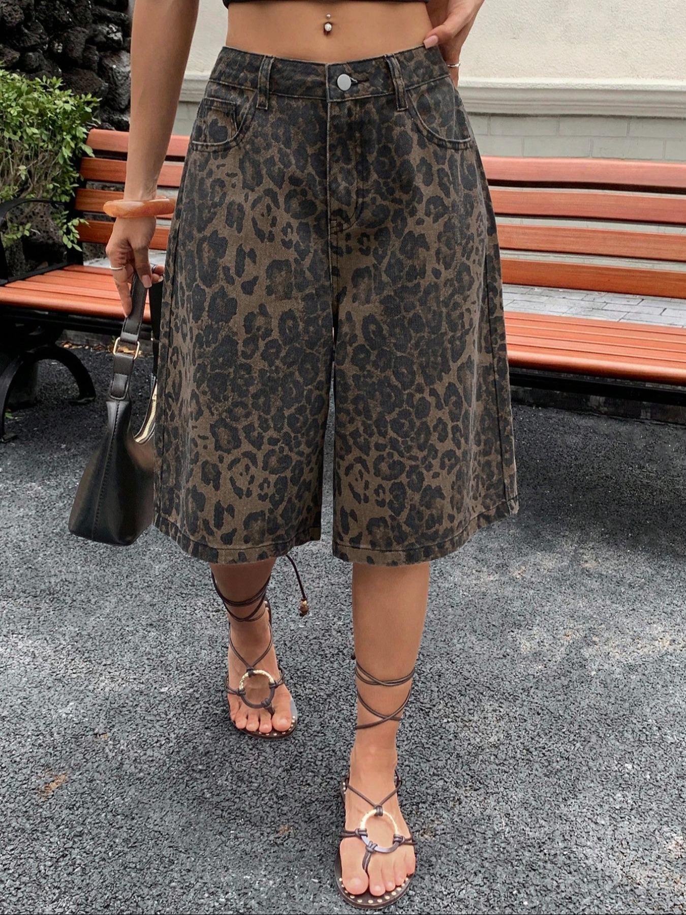 Trendy New Leopard Print Denim Jeans, Fashionable Street Style, Spring Summer Youthful Look, Women's Mid-Calf Jeans, Button Fly Closure