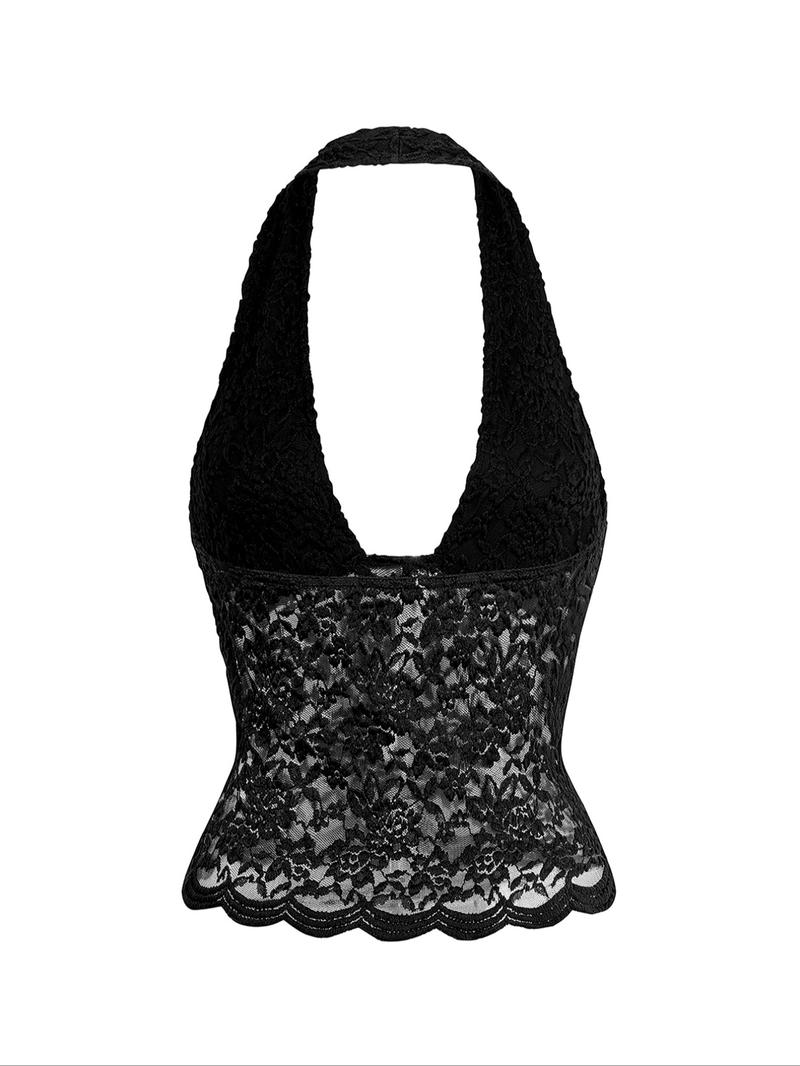 Spring Summer Y2K Lace Hollow Out Slim Fit Sexy Backless Top, Versatile Halter Neck Blouse, Women's Fashion Casual Wear