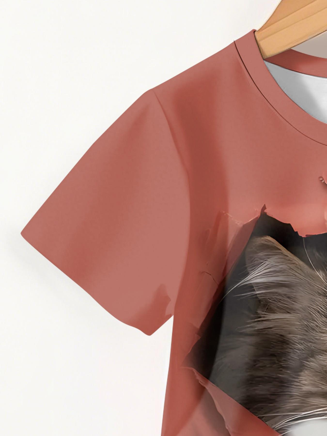 Brick red ripped 3D cat style two-piece short-sleeve shorts set, 100% polyester casual loose fit set, summer fun printed pattern, outdoor sports T-shirt set, perfect gift for boys