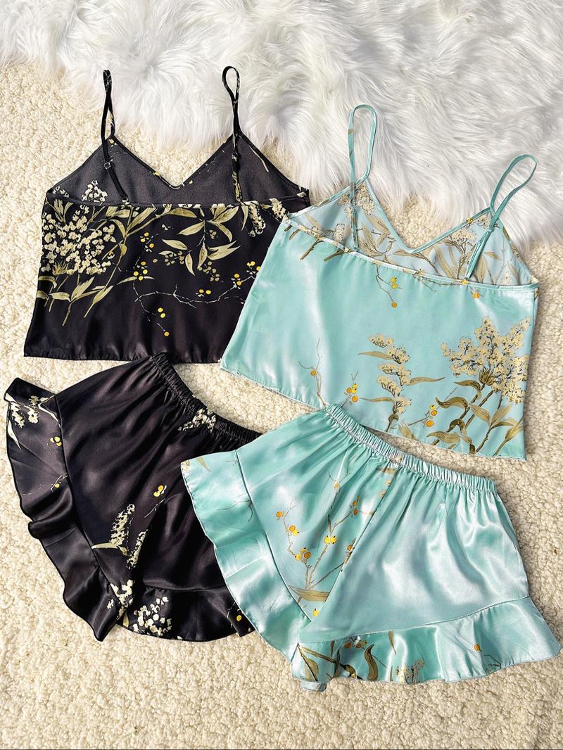 Women's Floral Print Cami Top & Ruffle Trim Shorts Satin Pyjama Set, Summer Outfits 2024, Casual Comfort Camisole & Elastic Waist Shorts PJ Set, Summer Clothes, Sleepwear Set for Women
