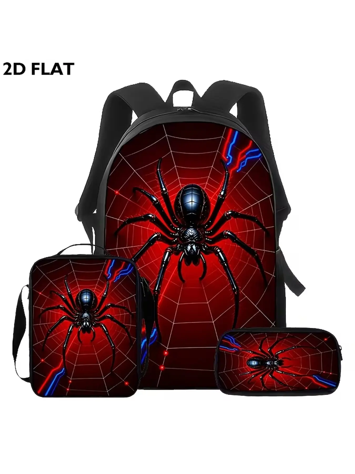 Spider Themed 3pcs Shoulder Bag Set, Including Large Capacity Backpack, Lunch Bag And Pencil Case. Features Durable Zippers And Comfortable Shoulder Straps. Perfect For Daily School Use And Outdoor Leisure Activities For Students.