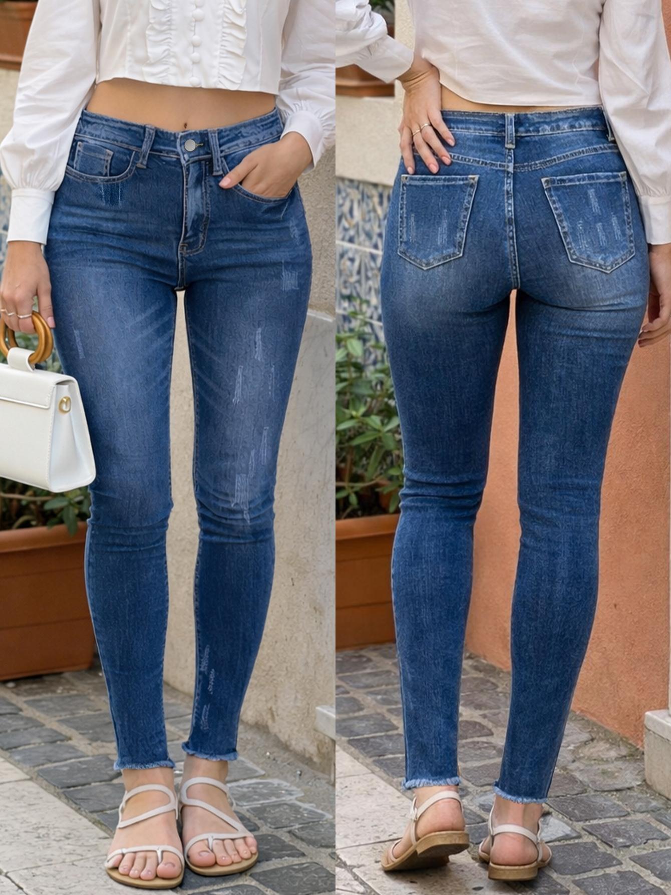 Summer High Waist Elastic Jeans Washed Blue Hem Pocket Women's Denim Jeans, Slim-Fitting Casual Style, Spring & Fall Fashion Pants