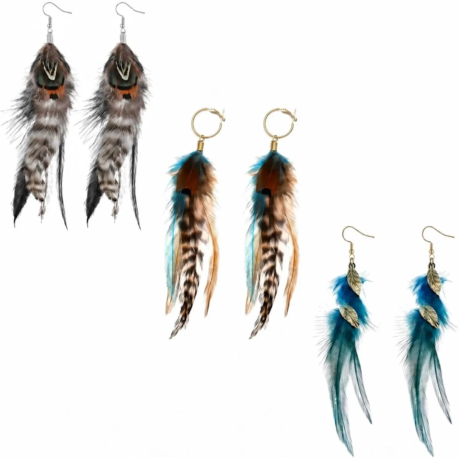 Boho Feather Earrings for Women - 3 Pairs Native American Style Dangle Drop Earrings for Everyday, Party & Date - Lightweight Hypoallergenic Fashion Jewelry Gift
