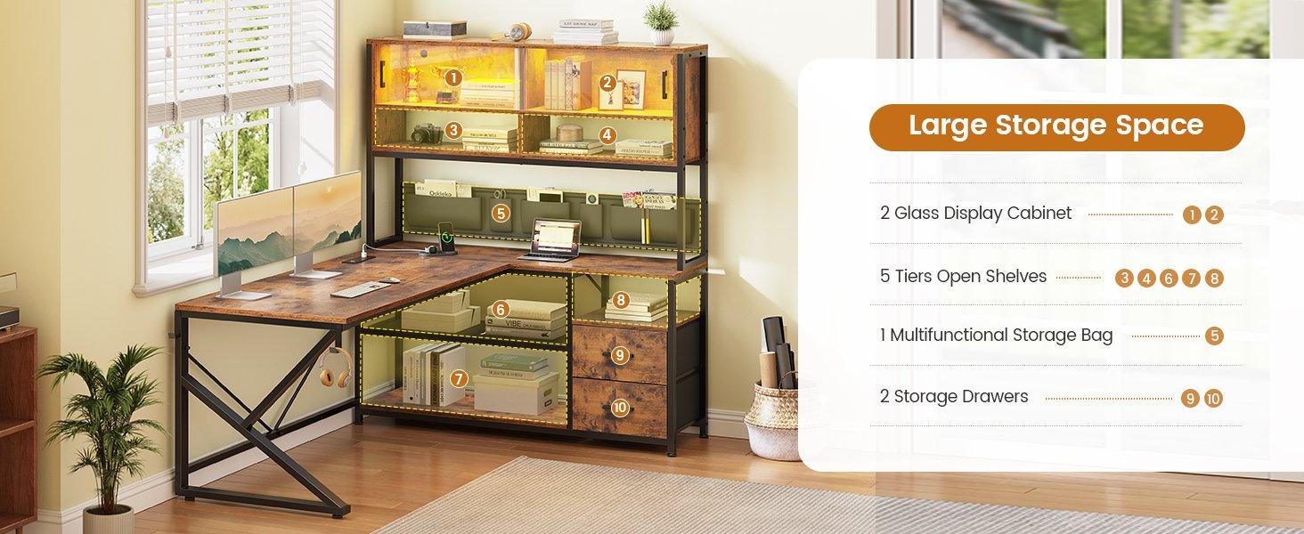 Sedeta L-shaped Computer Desk Home Office with 2 Drawers & Hutch Game Table LED Lights Glass Cabinet Storage Pockets Gaming Keyboard Wood Workstation Sedeta L-shaped Computer Desk Home Office with 2 Drawers & Hutch Game Table LED Lights Glass Cabinet Storage Pockets Gaming Keyboard Wood Workstation