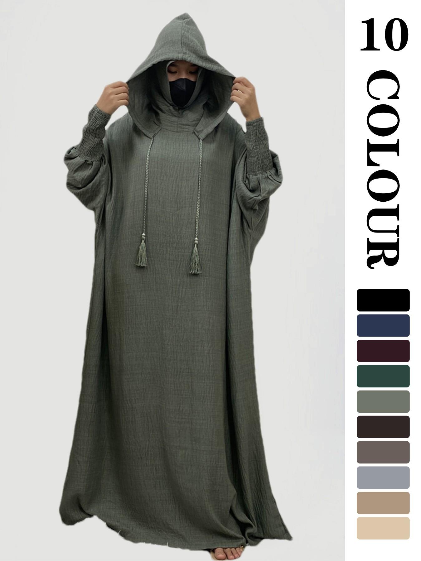 Women's Solid   Hooded   Dress, Casual Long Sleeve Dress for Fall & Winter, Women's Islamic Clothing for Daily Wear, Modesty Muslim Clothing