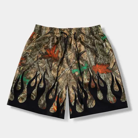 Men's Trendy Baggy Camouflage and Flame Print Cargo Shorts, Elastic Waist Drawstring Streetwear for Casual Outdoor Wear, Polyester Sports Shorts