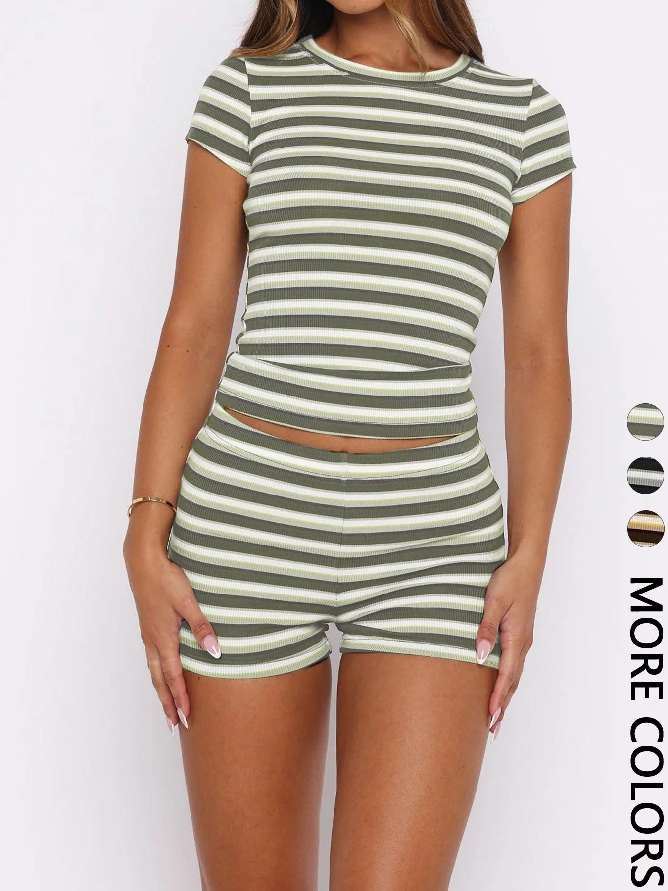 Women's Summer Olive Striped Casual Slim Fit Two-Piece Set, Round Neck Short Sleeve Top + High Waist Mini Shorts