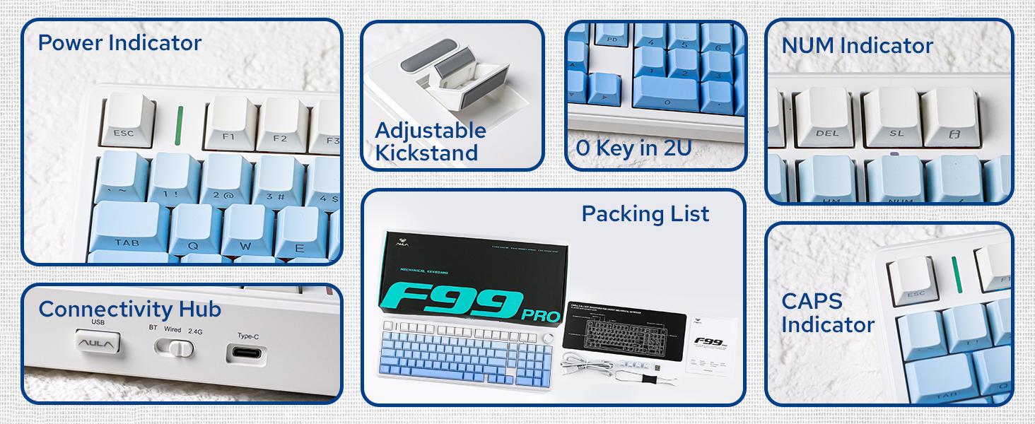 Aula F99 Pro Wireless Mechanical Gaming Keyboard with Knob Tri-Mode BT5.0 USB-C 2.4GHz Hot Swappable Pre-Lubed Switches Gasket Structure RGB Backlitwith Numpad PBT Keycaps Multifunction Knob for MAC PC Gamer