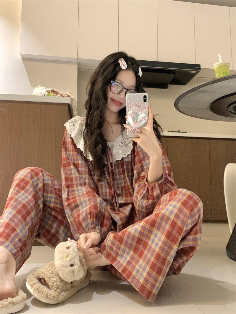 Women's 2025 Autumn New Cotton Lace Plaid 2-Piece Longsleeves Crew Neck Pajama Set - Lady's Cotton Waist Pants, Lounge Pjs Set, Home Sleepwear Loungewear