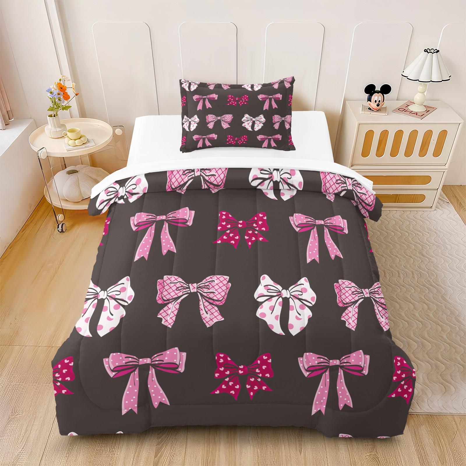 2/3 Pcs Coquette Pink Bow Print Comforter Set, Cute Y2K Aesthetic Bedding Set, Soft Warm Breathable & Fade Resistant Digital Print, Ideal for Girls Bedroom Dorm Guest Room Decor, All Season Use - Without Pillow Insert
