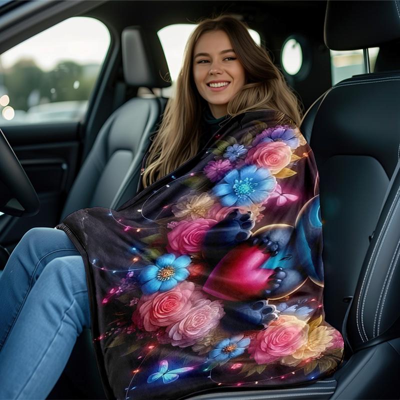 Dreamy Neon Stitch Heart Bouquet Flannel Blanket, Dark Base, Neon Light Effect, Blue Rose Hearts, Butterfly Decor, Holiday Gift Dreamy Neon Stitch Heart Bouquet Flannel Blanket, Dark Base, Neon Light Effect, Blue Rose Hearts, Butterfly Decor, Holiday Gift