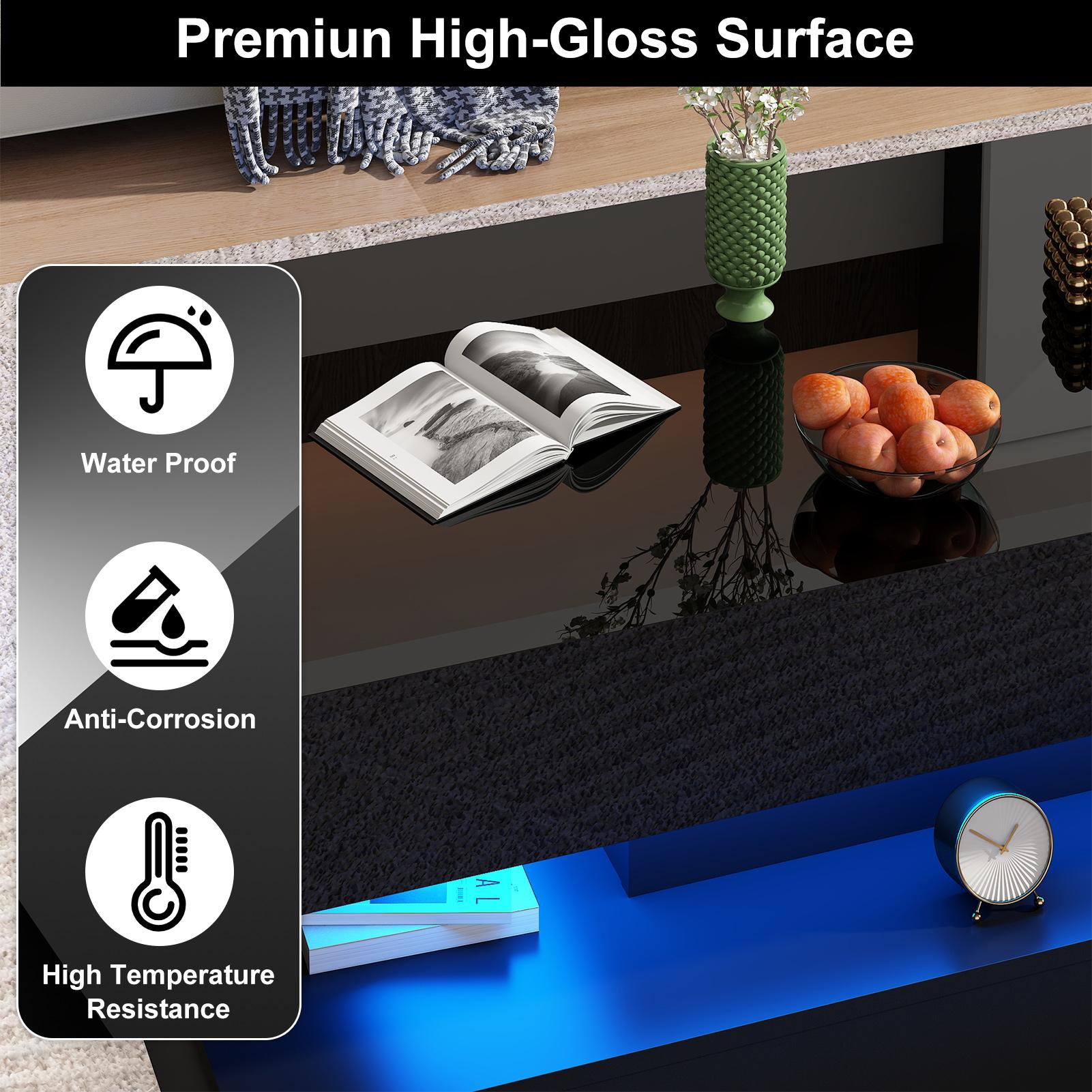 LED Coffee Table with 2 Storage Drawers, Modern High Gloss Black Coffee Table w/20 Colors LED Lights, 2 Tiers Rectangle Center Table for Living Room with Marbling Print, APP Control, Black/White