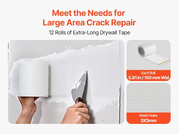 VEVOR Drywall Mesh Tape, 5.91 inch Wx 98.43 ft L Self-Adhesive Fiberglass Drywall Joint Tape, 12 Rolls Dry Wall Patch for Easy Sheetrock Ceiling Crack Repair, to Achieve Smooth Even Wall Surface