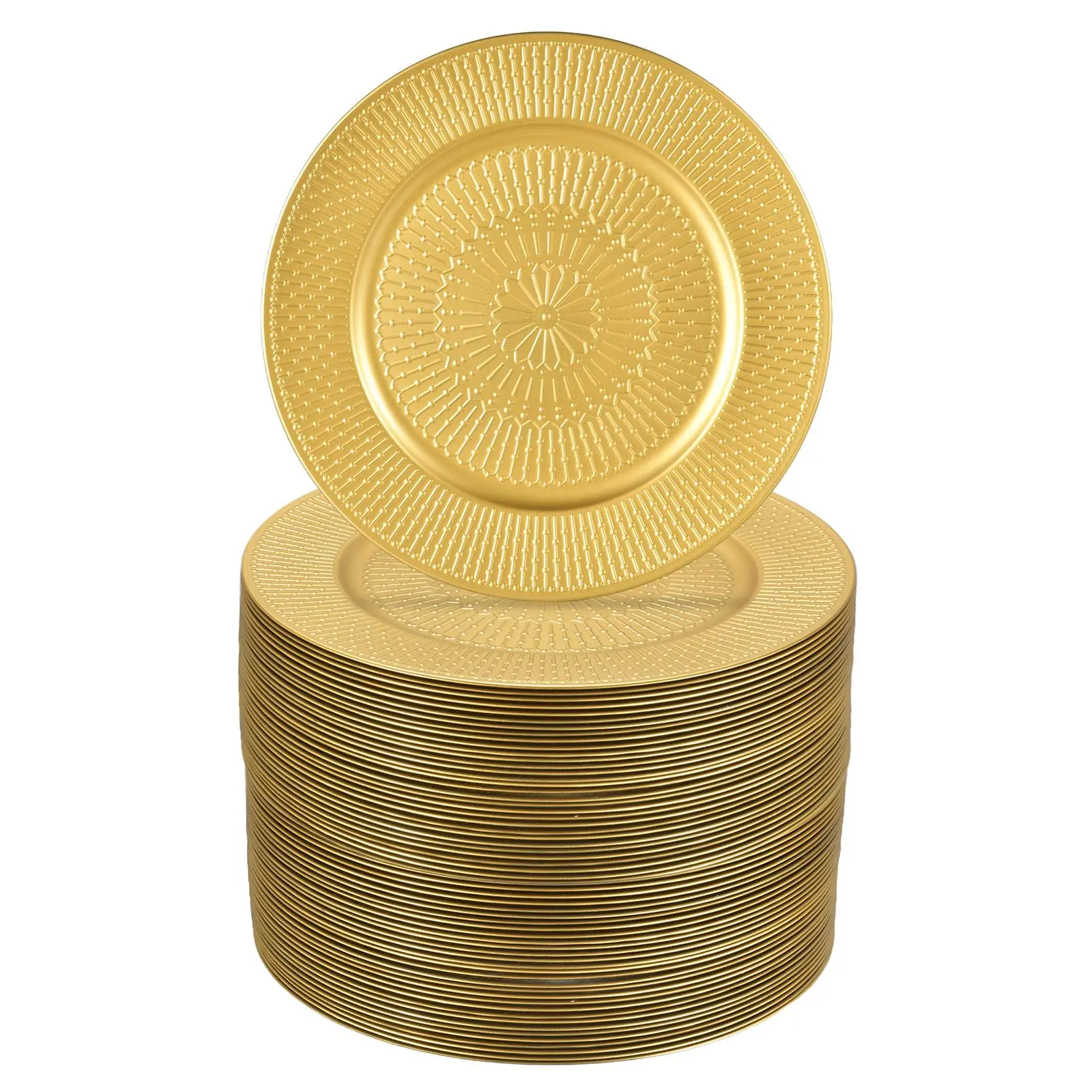 13-In Gold Round Beaded Edge Elegant Gold 100pcs Decorative Charger Plates, Reusable Festival Party Tableware for Wedding, Holiday Event Table Top Setting & Banquet Decor