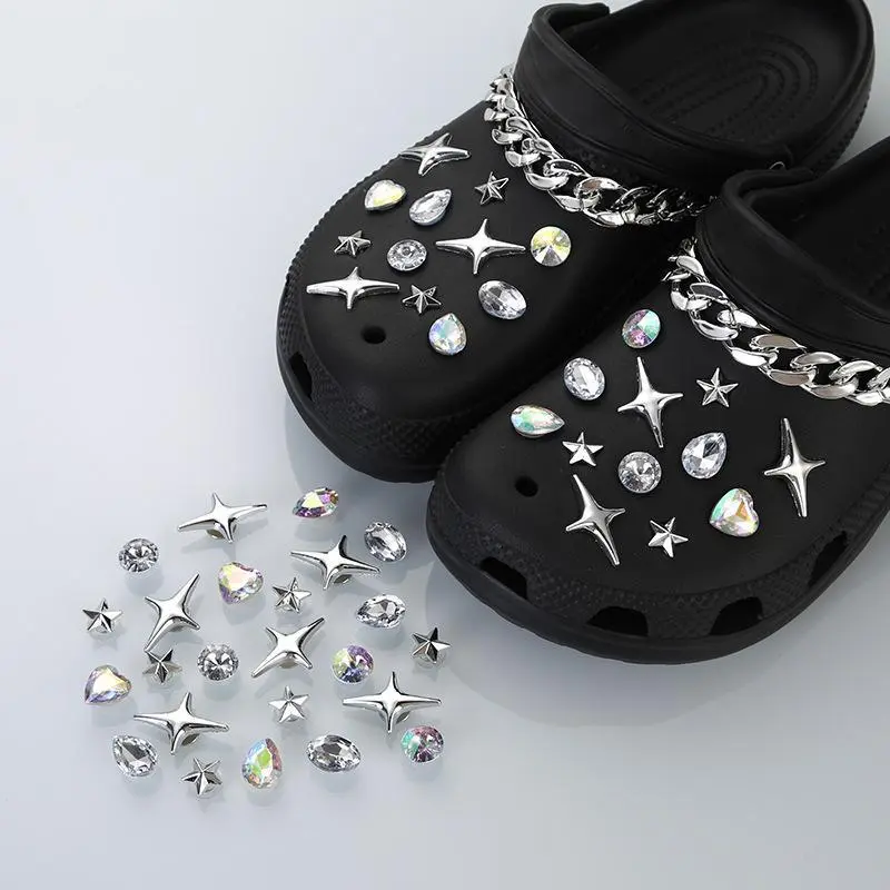 26Pcs Silver Punk Gothic Shoe Charms Set, Shoe Chains, 4-Pointed Star, Heart & Teardrop AB Rhinestone Gems, Detachable DIY Decorative Accessories for Clogs Sandals, Y2K Aesthetic Footwear Embellishment Ornaments .