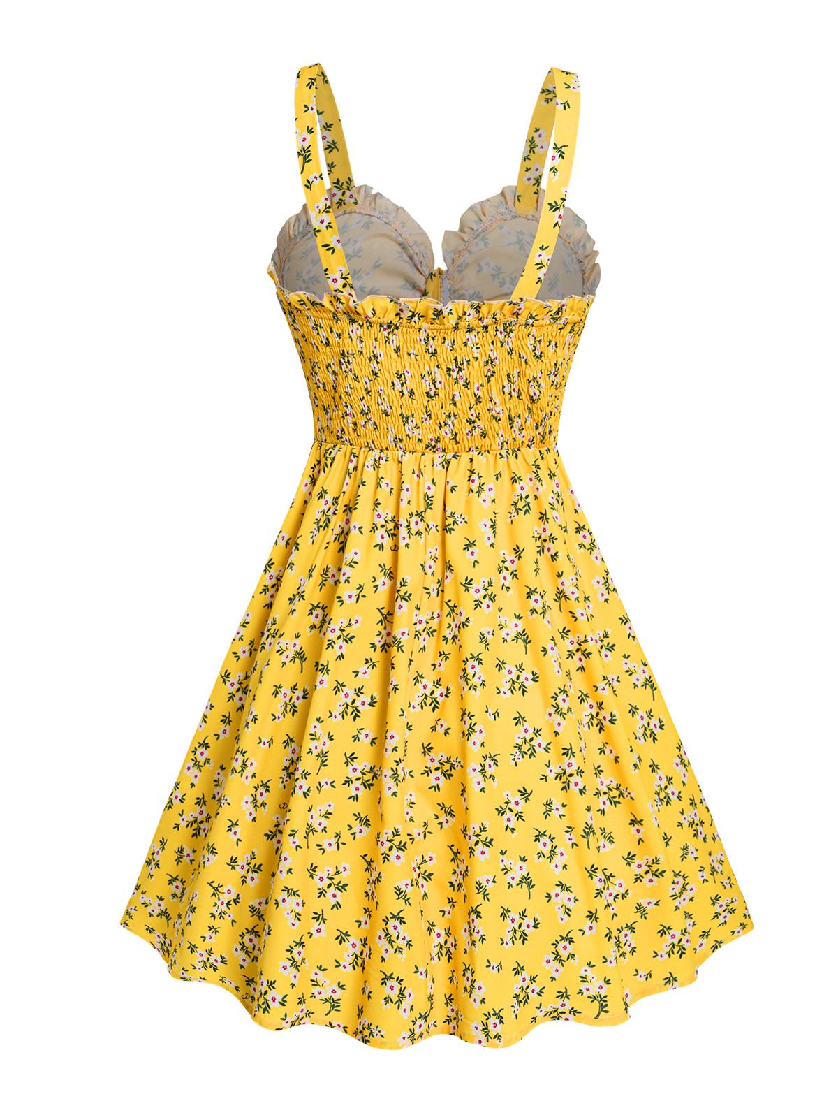Women's Fashion Summer Dresses 2025 Floral Print Vacation Sundress Garden Party Dress Smock Back Ruffled Bowknot Mini Dress