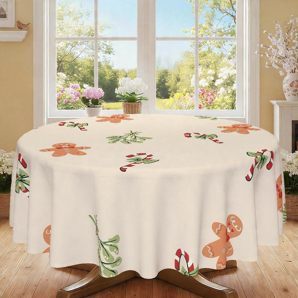 Christmas Gingerbread Man Tablecloth, 2D Flat Print, Polyester, 120g/m², Round, Kitchen Restaurant Decor, Party Gift, Hotel Home Use