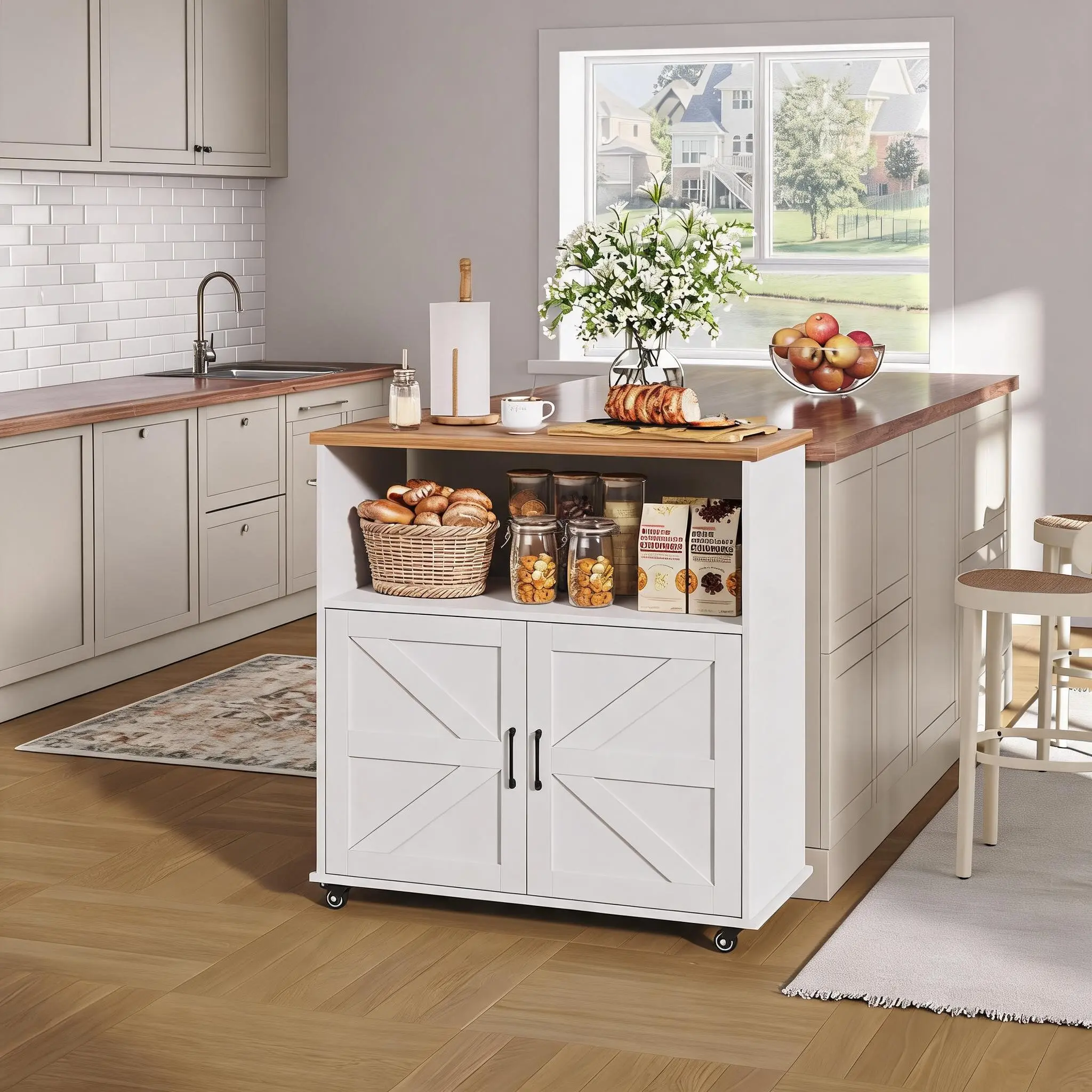 Garvee 35.4-Inch Rolling Kitchen Island Cart - Mobile Storage Unit with Built-In Spice Rack, Towel Rack, Multifunctional Countertop Workstation for Compact Small Homes