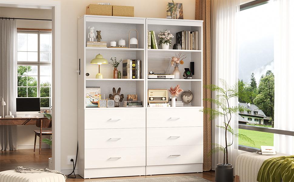 23.6" Storage Cabinet Bookshelf with Charging Station and 3 Wood Drawers, Freestanding Closet System with Storage Shelves, Wardrobe, Closet Rack