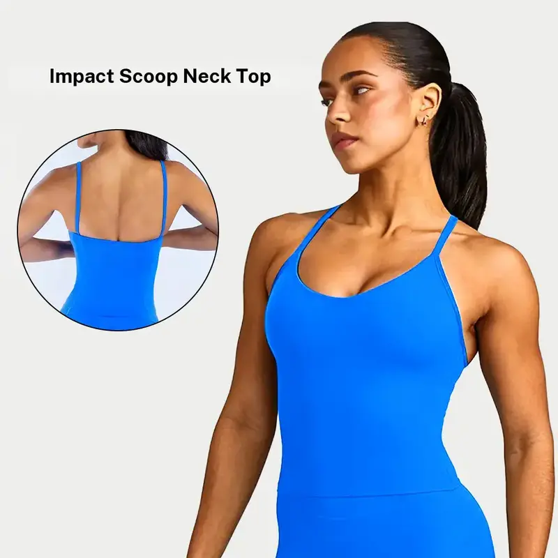 DEEFY Impact Scoop Neck Top Women's Workout Tank Top Longline Fitted Athletic Tank Yoga Gym Fitness Activewear Sleeveless Built In Bra Removable Pads Stretch Bodycon Sportswear