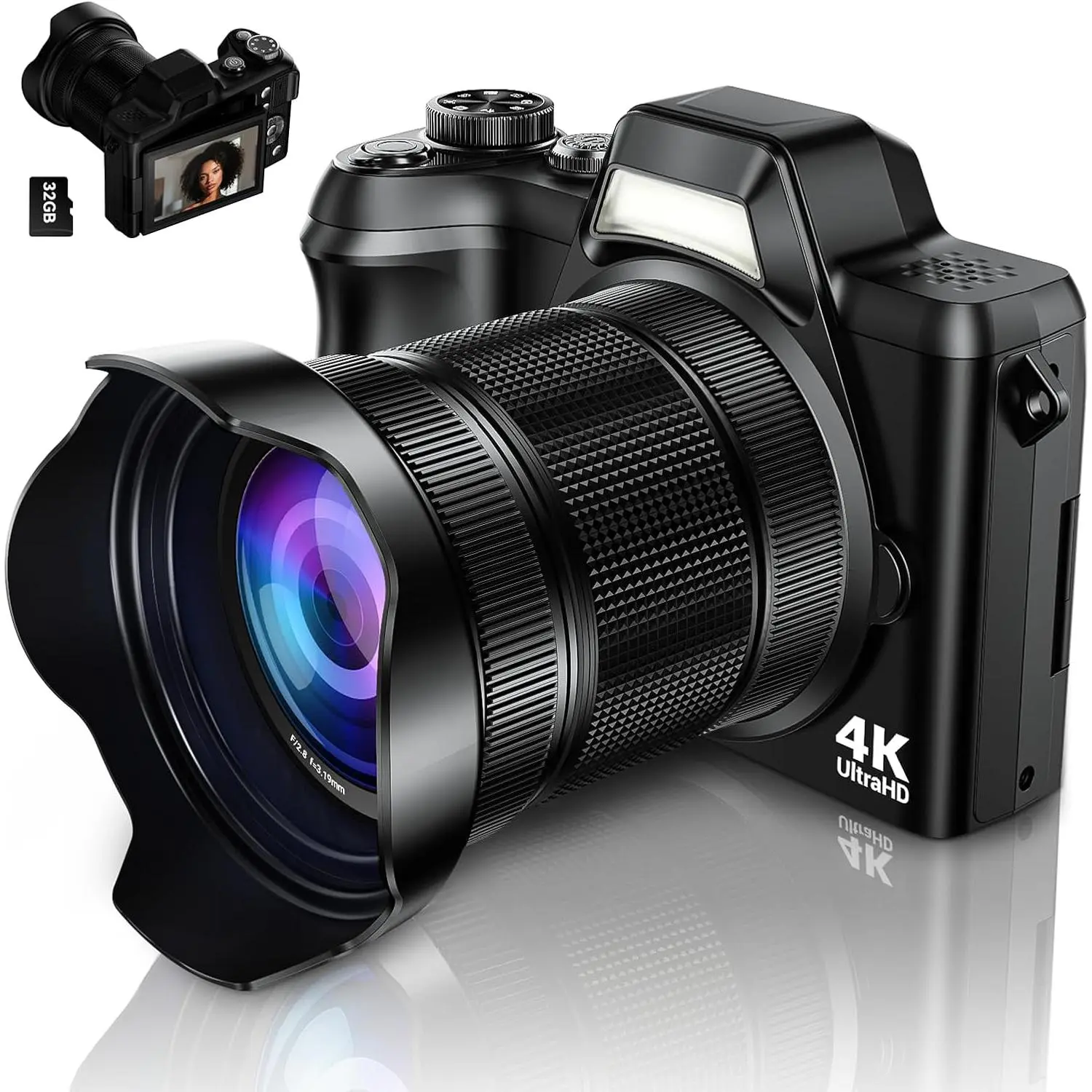4K Digital Camera for Photography, 56MP Autofocus Vlogging Camera for YouTube Travel, 3" 180°Flip Screen & Lens  16X Zoom, 32GB SD Card for Teens & Beginners