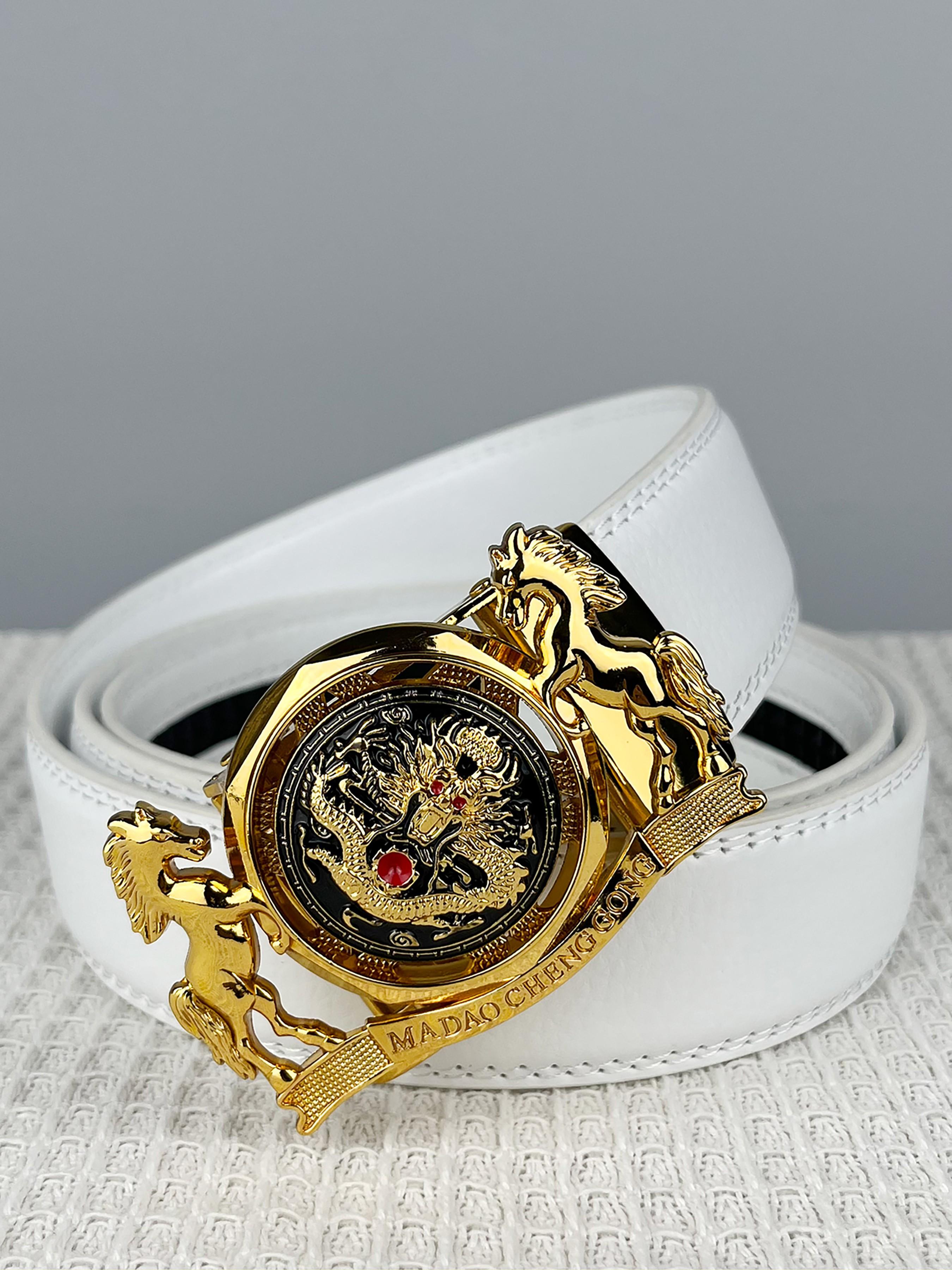 Men's and Women's Twin Horse Relief Design, Dragon Pattern Alloy Automatic Buckle Belt, Trendy and Fashionable, Novel, 1.38in/3.5cm Wide Ratcheting Belt, Gold Metal Decorated Buckle Belt, Christmas Gift, Valentine's Day Gift.