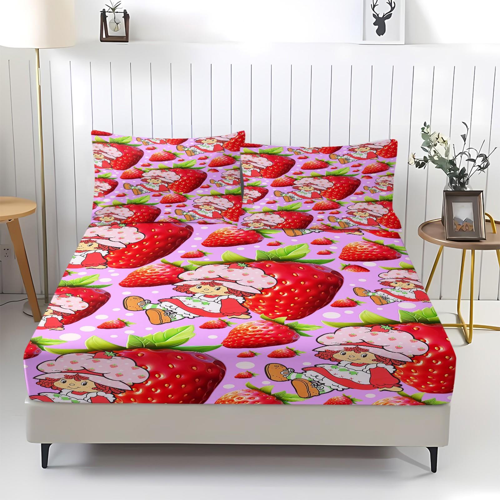 Anime Strawberry Girl Fitted Sheet Set, 1 Fitted Sheet + 2 Pillowcases - 3 Pcs Soft Breathable Bedding with Deep Pocket, 360° All-Round Wrap, Wrinkle Resistant, Cute Strawberry & Cat Cartoon Bed Sheets for Girls, Full Size