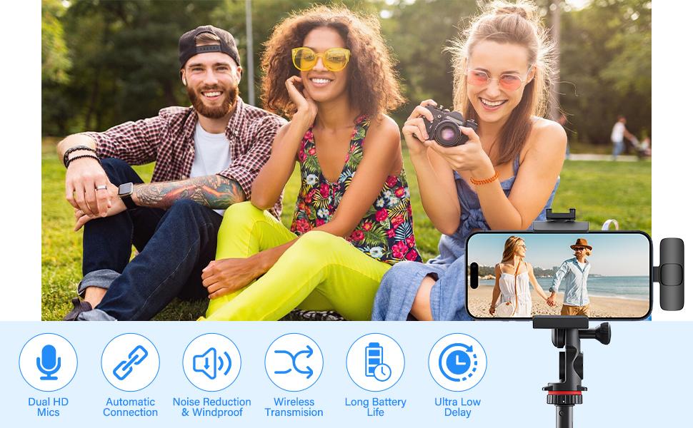 2 PCS Wireless Lavalier Microphone for iPhone, iPad,Android, USB-C Microphone Dual Wireless Microphone for Video Recording, Live Stream, Vlog Noise Reduction & Plug-Play(No Need App/Bluetooth)