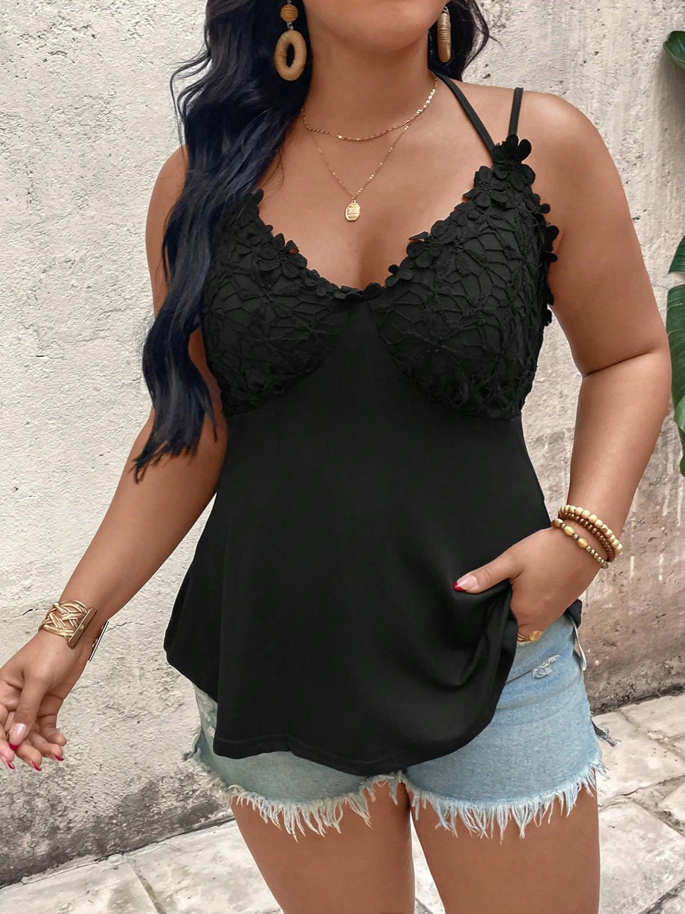 Plus Size Lace Halter Waist Crop Top, Slimming Boho Style, Perfect for Summer Outing, Music Festival, Night Out, Beach Trip, Casual Date