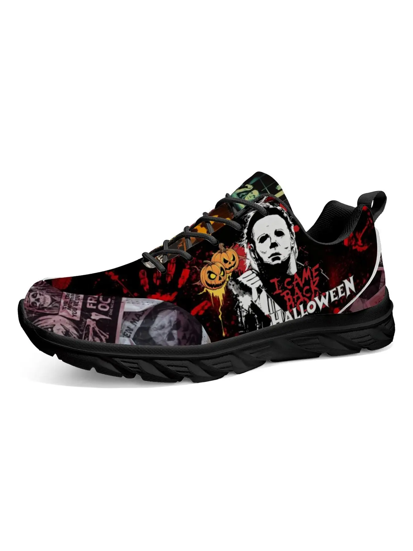 Red Black Horror Mask Figure Blade Sneakers, White Hollow Cushion Sole Mesh Running Shoes, Pumpkin & Bloody Hand Print Halloween Collage Art Punk Street Casual Athletic Trainers For Men Women