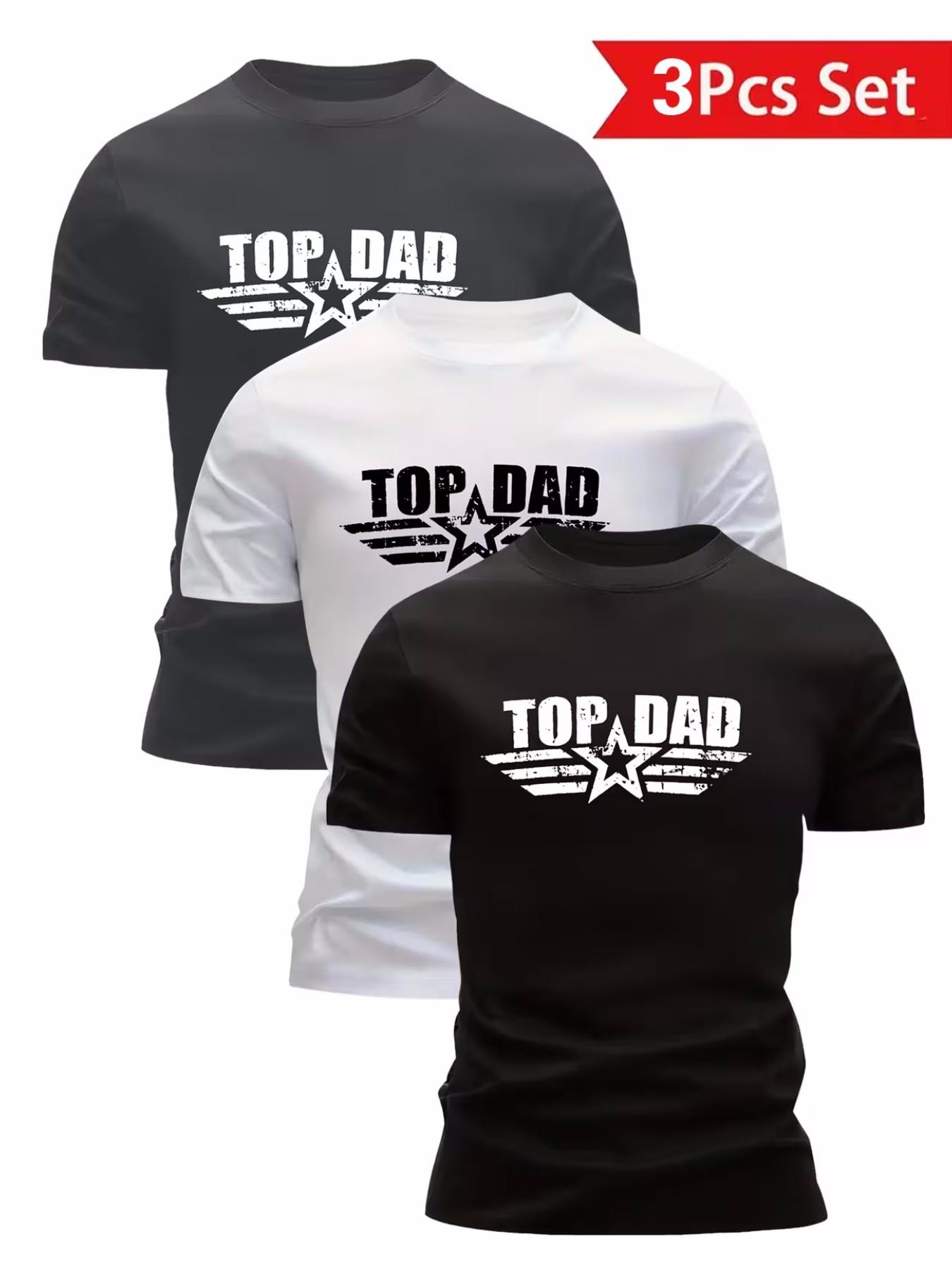 3Pcs Men's Casual "Top Dad" Star Print T-Shirt Set, Distressed Design Short Sleeve Tops for Daily Wear