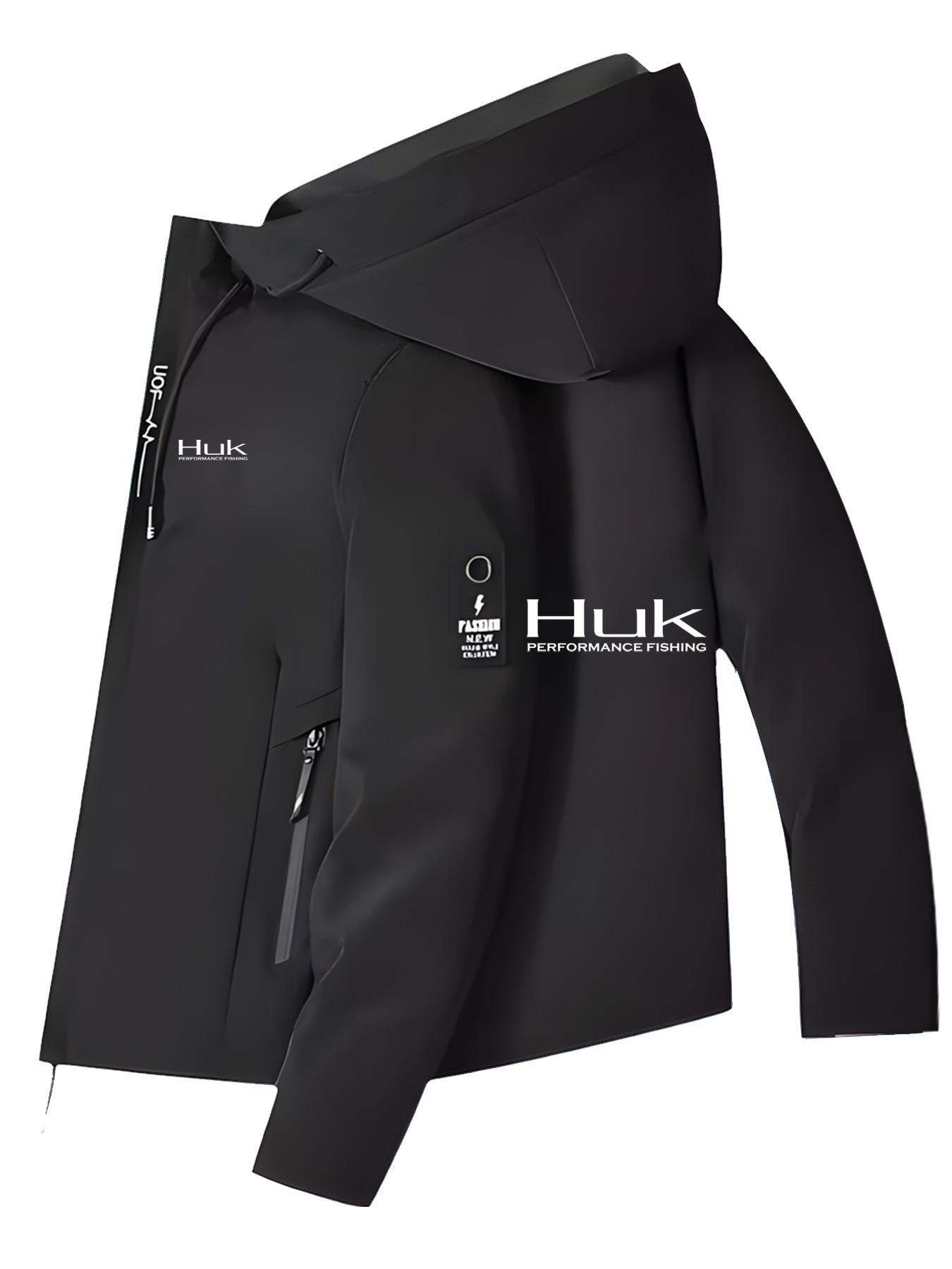 Men's Fashionable Huk Logo Jacket, Zipper Pocket, Casual Hooded Design, Polyester Material, Spring & Fall Wear, Slim-Fitting Outerwear