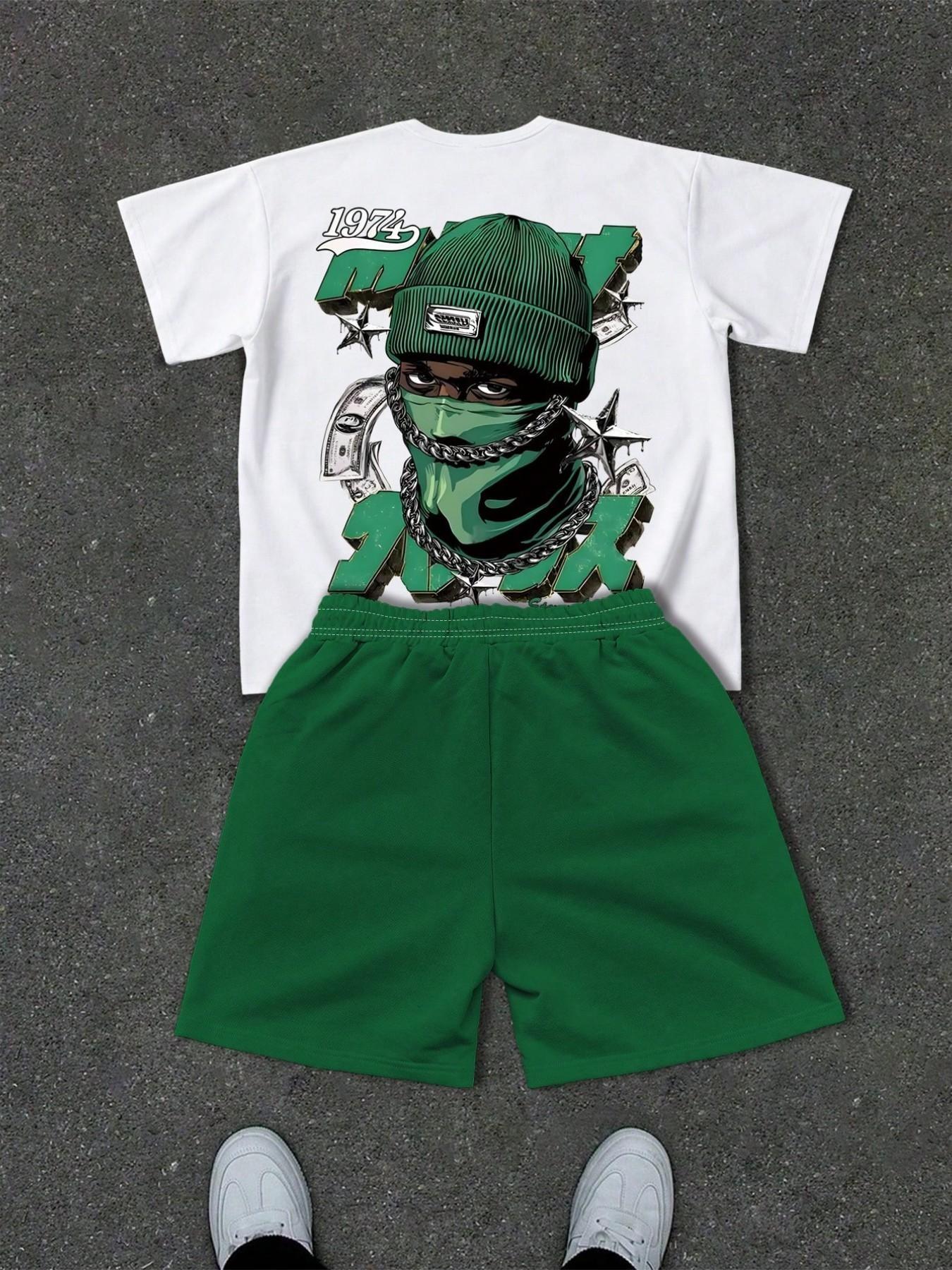 Men's Two-Piece Hip-Hop Set Outfit, Printed Short Sleeve + Drawstring Shorts, 5 Styles Summer Casual Sports, Loose-Fitting, All over Print