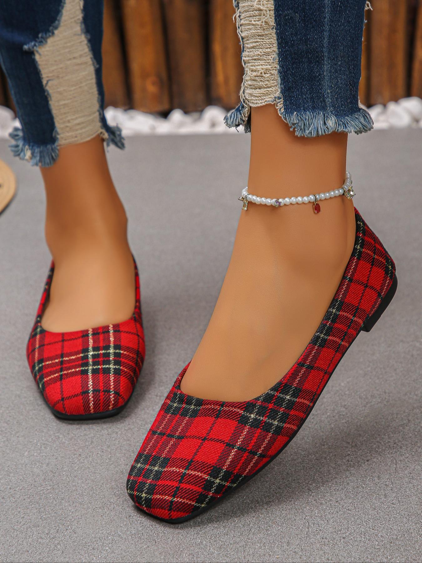 Women's Vintage Fashion Plaid Flat Shoes, Square Toe Casual Sneakers for Daily Wear, Perfect for Dresses and Pants, Halloween Choice