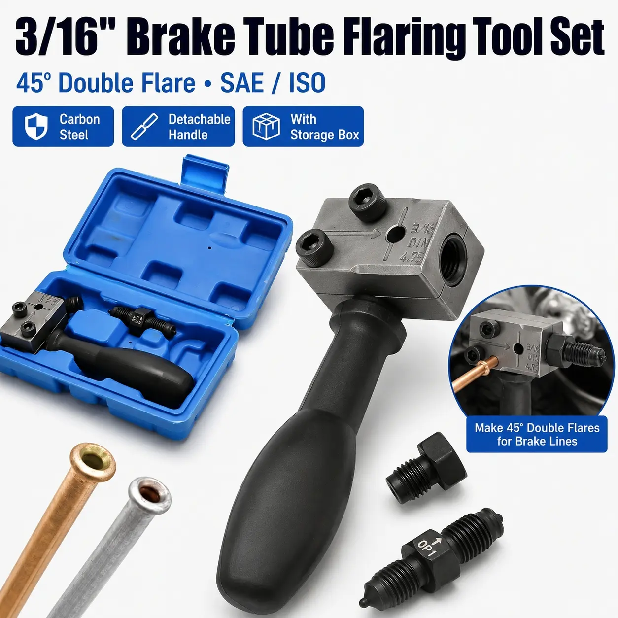 Heavy Duty 3/16" Brake Tube Flaring Tool Set, Carbon Steel 45° Double Flare SAE/ISO Brake Line Flaring Kit with Detachable Handle, Tube Expander, Crimping Tool & Storage Box for Auto Repair, Mechanics & DIY