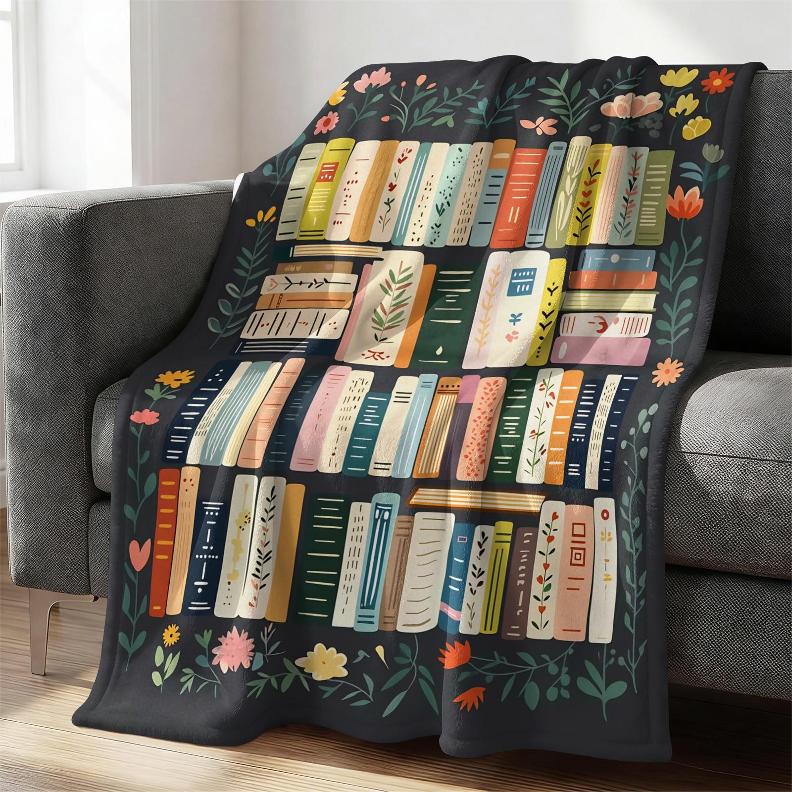Bookish Floral Bookshelf Print Flannel Blanket, Aesthetic Botanical Warm Throw Blanket, Soft Cozy Nap Gift Blanket, Lightweight Decor Blanket for Couch Bed, All-Purpose Perfect Gift for Family and Friends